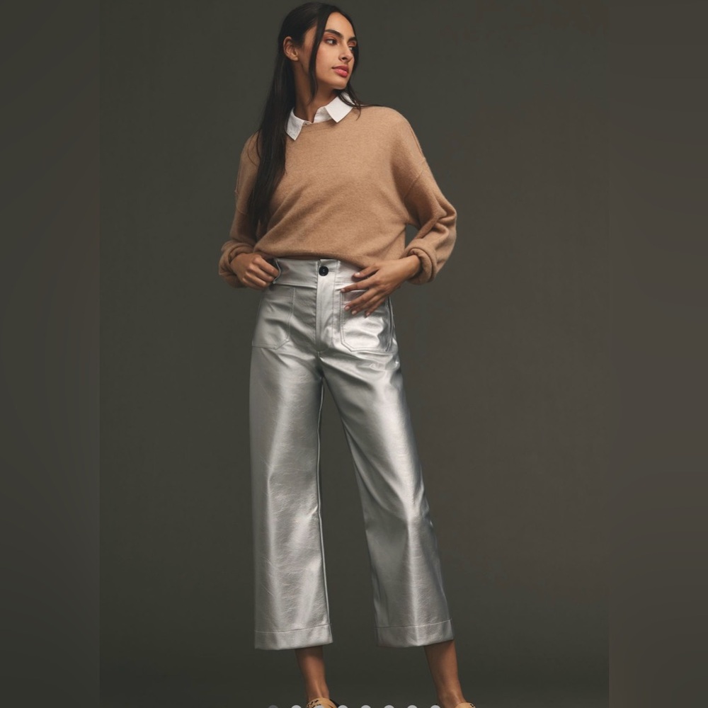 Anthropologie Maeve Cropped Silver Collette Faux Leather Pants